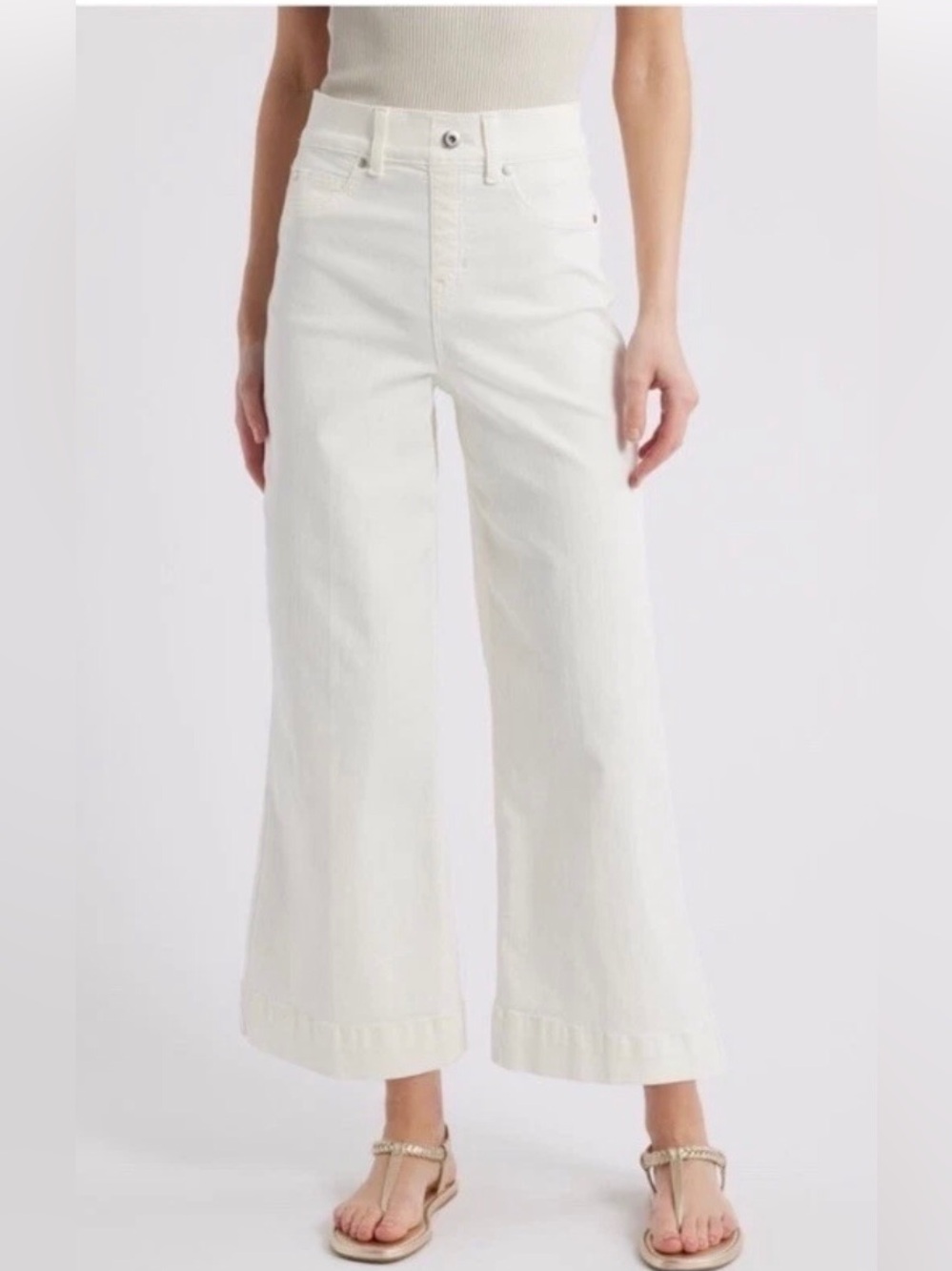 Spanx Womens Pull-On Stretch Crop Wide-Leg High Rise Jeans Chalk Wash Size Large